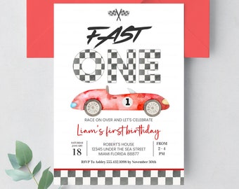 Editable Fast ONE Birthday Invitation Race Car 1st Birthday Invite Racing Car Vintage Racecar Printable Template Instant Download, R303