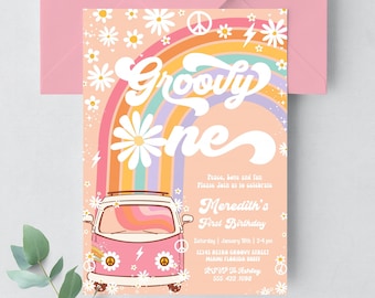 Let's Get Groovy Birthday Invitation Hippie Van Editable Groovy Birthday Groovy Decorations Hippie Theme Retro Invitations G201