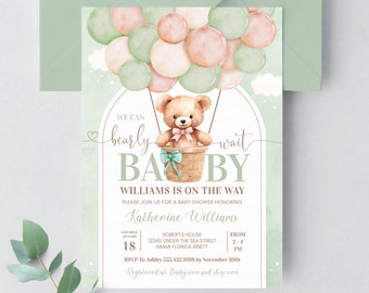 We Can Bearly Wait Baby Shower Invitation Editable Teddy Bear Baby Shower Invitation Hot Air Balloon Instant Download T502