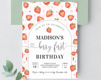 May include: A pink and white gingham patterned invitation with red strawberries. The text reads "Join us to celebrate Madison's berry first birthday. Saturday, January 18, Robert's House, 12345 Strawberry Street, Miami Florida 88877, From 2-4 PM. Rsvp to Ashley 555.432.1092 by November 30th. https://www.etsy.com/shop/CrishStudio"