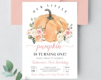 May include: A pink and white invitation with a watercolor illustration of a pumpkin with flowers. The text reads "Our Little Pumpkin is Turning One! Please Join Us to Celebrate Katherine's First Birthday. Saturday, January 18, Robert's House, 12345 Little Pumpkin Street, Miami Florida 88877, From 2-4 PM. Rsvp to Ashley 555.432.1072 by November 30th. https://www.etsy.com/shop/CrishStudio"