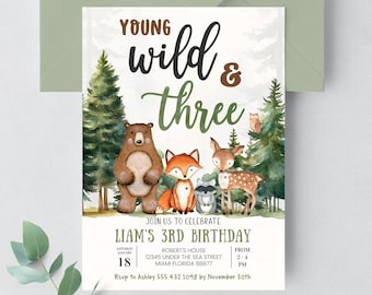 EDITABLE Young Wild And Three Birthday Invitation Woodland Invitation Woodland Animals Woodland Party Forest Invitation W303