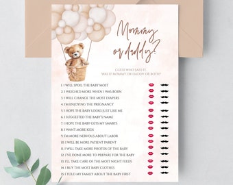 Puede incluir: Un juego de baby shower rosa y marrón con el texto "Mamá o Papá?" y una lista de 15 preguntas para adivinar quién lo dijo. El juego presenta un oso de peluche de dibujos animados en un globo aerostático.