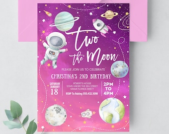 EDITABLE Two The Moon Girl Birthday Invitation Outer Space 2nd Birthday Invite Galaxy Blast Off Printable Templates Digital Download TM02