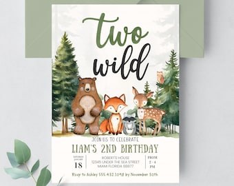 EDITABLE Two Wild Birthday Invitation Woodland Invitation Woodland Animals Two Wild Woodland Party Forest Invitation Two Wild Party W302