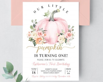 May include: Pink and gold first birthday invitation featuring a pink pumpkin and floral decorations. The text reads "Our Little Pumpkin is Turning One! Please join us to celebrate Katherine's First Birthday. Saturday, January 18, 2-4 PM, Robert's House, 12345 Little Pumpkin Street, Miami Florida 88877. RSVP to Ashley 555.432.1032 by 30th November. https://www.etsy.com/shop/CrishStudio"