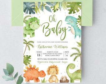 Puede incluir: Una invitación a una fiesta de bienvenida al bebé con un fondo verde y blanco que presenta una ilustración de acuarela de dinosaurios. El texto dice "Oh Baby" e incluye el nombre "Katherine Williams".