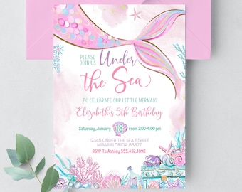 May include: Pink and blue mermaid-themed birthday invitation with a mermaid tail, seashells, and a treasure chest. The invitation reads "Under the Sea" and "Elizabeth's 5th Birthday".