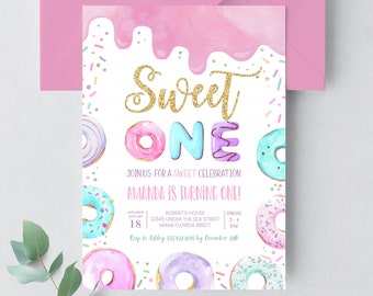 EDITABLE Sweet One Birthday Invitation Donut Birthday Donut Birthday Party First Birthday 1st Birthday Birthday Girl Birthday Card D001