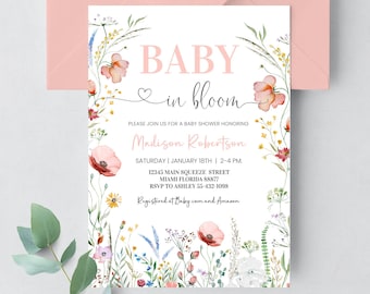Bearbeitbares Baby in Bloom Babypartyeinladung, Frühlingsblumen-Babypartyeinladung, Wildblumen-Babypartyeinladungsvorlage B001