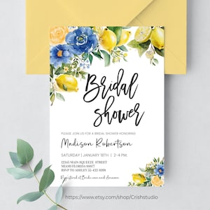 Editable Blue Lemon Bridal Shower Invitation Blue Floral Citrus She Found Her Main Squeeze Invite Template Instant Download