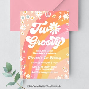 Dois Groovy Convite de Aniversário Hippie Van Editável Dois Groovy Convite Decorações Groovy Tema Hippie Convites Retro G402