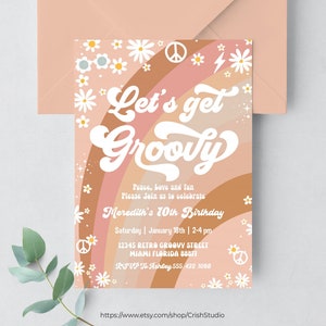 Vamos obter convite de aniversário bacana Hippie Van Editável Groovy Aniversário Decorações Groovy Tema Hippie Convites retrô G513