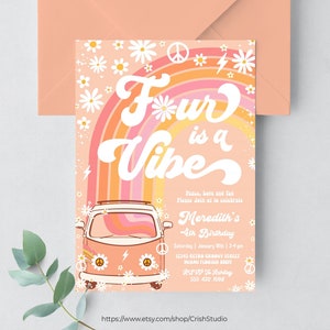 Convite de aniversário quatro é uma vibração, hippie van editável, decorações groovy de 4º aniversário, tema hippie, convites retrô g304