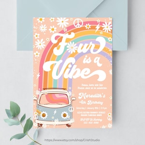 Convite de aniversário quatro é uma vibração, hippie van editável, decorações groovy de 4º aniversário, tema hippie, convites retrô g704