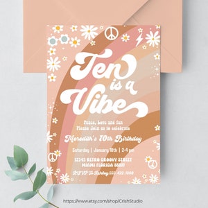 Ten Is A Vibe Geburtstagseinladung Hippie Van Bearbeitbar 10.Geburtstag Groovy Dekorationen Hippie Thema Retro Einladungen G510