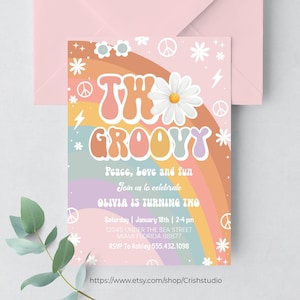 Editable Two Groovy Invitation Groovy 2nd Birthday Invite Pink Daisy Rainbow Van Birthday Hippie Printable Template Instant Download