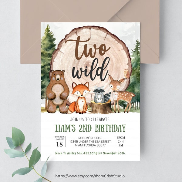 EDITABLE Two Wild Birthday Invitation Woodland Invitation Woodland Animals Two Wild Woodland Party Forest Invitation Two Wild Party W402