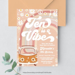 Faire-part d'anniversaire Ten Is A Vibe, Hippie Van, 10e anniversaire, décorations groovy, invitations rétro thème hippie G610