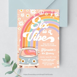 Six Is A Vibe verjaardagsuitnodiging Hippie Van Bewerkbare 6e verjaardag Groovy Decoraties Hippie Thema Retro Uitnodigingen G706