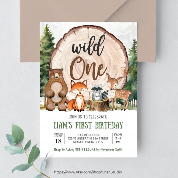 EDITABLE Wild One Invitation Woodland Invitation Woodland Animals Wild One Woodland Party Forest Invitation Wild One Birthday W401