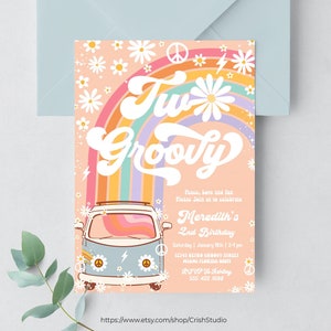 Dois Groovy Convite de Aniversário Hippie Van Editável Dois Groovy Convite Groovy Decorações Tema Hippie Convites Retro G702