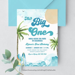 Editable Boy The Big One Surfing 1st Birthday Party Invitation Retro Boy Surf Van Surfboard Beach Party Invite Instant Download BO1