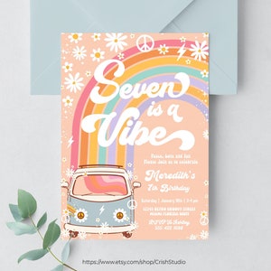Convite de aniversário Seven Is A Vibe Hippie Van editável 7º aniversário Groovy Decorações Tema Hippie Convites retrô G707
