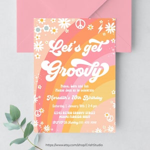 Vamos obter convite de aniversário bacana Hippie Van Editável Groovy Aniversário Decorações Groovy Tema Hippie Convites retrô G413