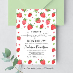 Editable Strawberry Baby Shower Invitation Red Strawberry Baby Shower Invite Berry Sweet Baby Shower Invitation Template