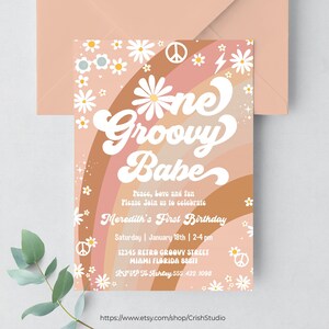Um Groovy Babe Convite de Aniversário Hippie Van Editável Groovy Um Aniversário Groovy Decorações Tema Hippie Convites Retro G512