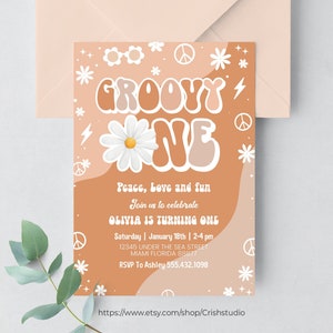 Editable Groovy ONE birthday invitation Pink Daisy Rainbow Groovy Van 1st Birthday Invite Retro Hippie Party Template Instant Download