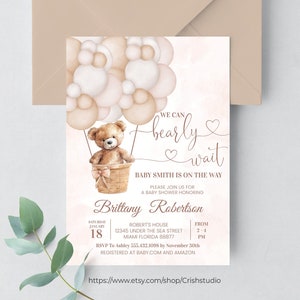 Bearbeitbar We Can Bearly warten Baby-Dusche-Einladung Teddybär Heißluftballon Bär Thema Lädt Vorlage Sofortiger Download, T103