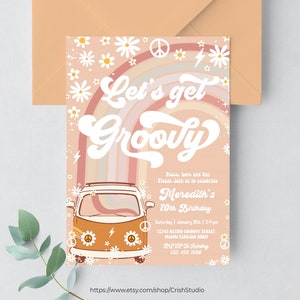 Vamos obter convite de aniversário bacana Hippie Van Editável Groovy Aniversário Decorações Groovy Tema Hippie Convites retrô G613