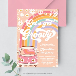 Vamos obter convite de aniversário bacana Hippie Van Editável Groovy Aniversário Decorações Groovy Tema Hippie Convites retrô G213
