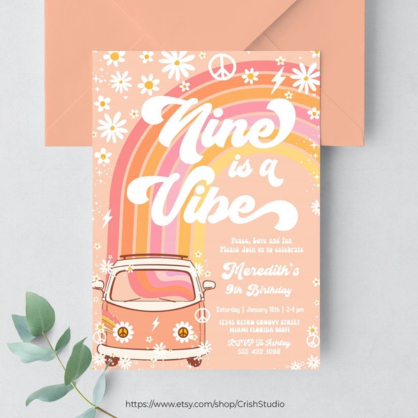 Nine Is A Vibe Birthday Invitation Hippie Van Editable 9th Birthday Groovy Decorations Hippie Theme Retro Invitations G309