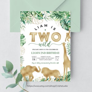 BEWERKBARE twee wilde verjaardagsuitnodiging Twee wilde uitnodiging Tweede verjaardag Twee wilde partij Safari verjaardag Wild kind 2e verjaardag J02