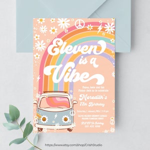 Onze é um convite de aniversário vibe hippie van editável 11º aniversário decorações groovy tema hippie convites retrô g711