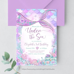 Editable Under the Sea Purple Teal Little Mermaid Birthday Invitation Birthday Invite Invites Printable Template Instant Download M304