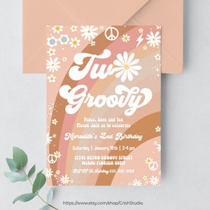Dois Groovy Convite de Aniversário Hippie Van Editável Dois Groovy Convite Decorações Groovy Tema Hippie Convites Retro G502