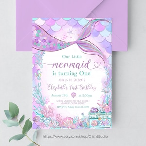 Editable Our Little Mermaid Purple Teal Little Mermaid Birthday Invitation Birthday Invite Invites Printable Template Instant Download M302
