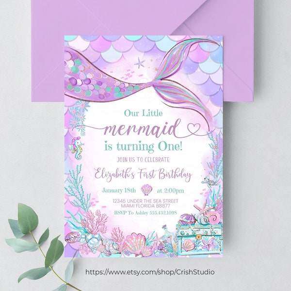 Editable Our Little Mermaid Purple Teal Little Mermaid Birthday Invitation Birthday Invite Invites Printable Template Instant Download M302