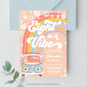 Oito é um convite de aniversário Vibe Hippie Van editável 8º aniversário Groovy Decorações Tema Hippie Convites retrô G708