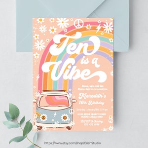 Convite de aniversário Ten Is A Vibe Hippie Van editável 10º aniversário Groovy Decorações Tema Hippie Convites retrô G710