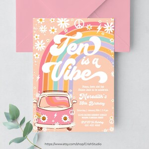 Invitation d'anniversaire Ten Is A Vibe, Hippie Van, 10e anniversaire, décorations groovy, invitations rétro thème hippie, G210