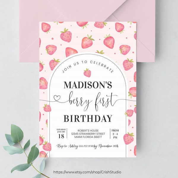 EDITABLE Berry First Birthday Invitation Strawberry Invitation Strawberry Birthday Berry First Birthday Berry 1st birthday BF01