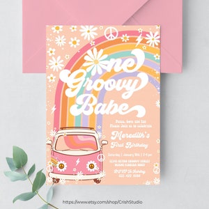 Um convite de aniversário Groovy Babe Hippie Van editável Groovy Decorações Groovy de um aniversário Tema Hippie Convites retrô G212