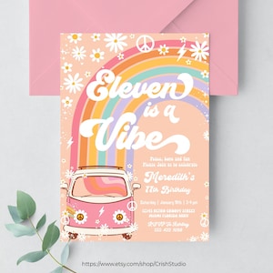 Onze é um convite de aniversário vibe hippie van editável 11º aniversário decorações groovy tema hippie convites retrô g211