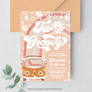 Dois Groovy Convite de Aniversário Hippie Van Editável Dois Groovy Convite Groovy Decorações Tema Hippie Convites Retro G602