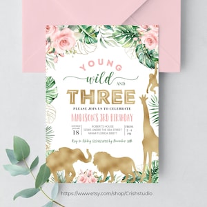EDITABLE Jeune Sauvage Et Trois Anniversaire Invitation Trois Ans Safari Anniversaire Safari Invitation Wild Child Gold Safari Anniversaire JG03